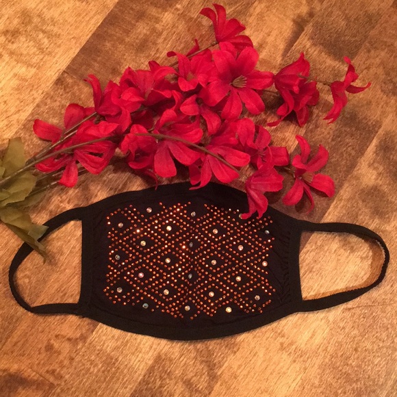 **LAST CHANCE! FREE! Gift w/ Purchase! NEW Black Face Mask w/ Orange Rhinestones - Picture 2 of 11